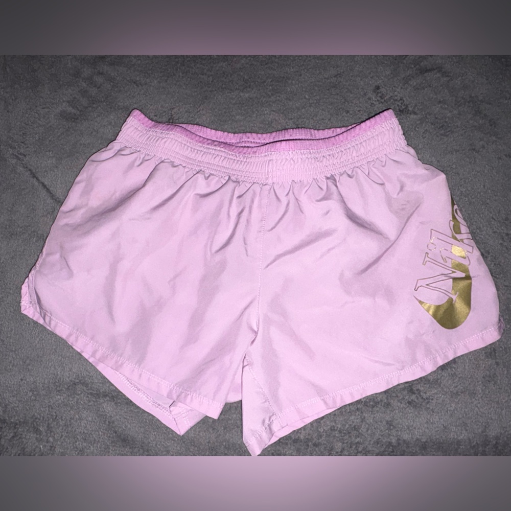 Nike Light Pink Women's Athletic Shorts with Gold Logo
